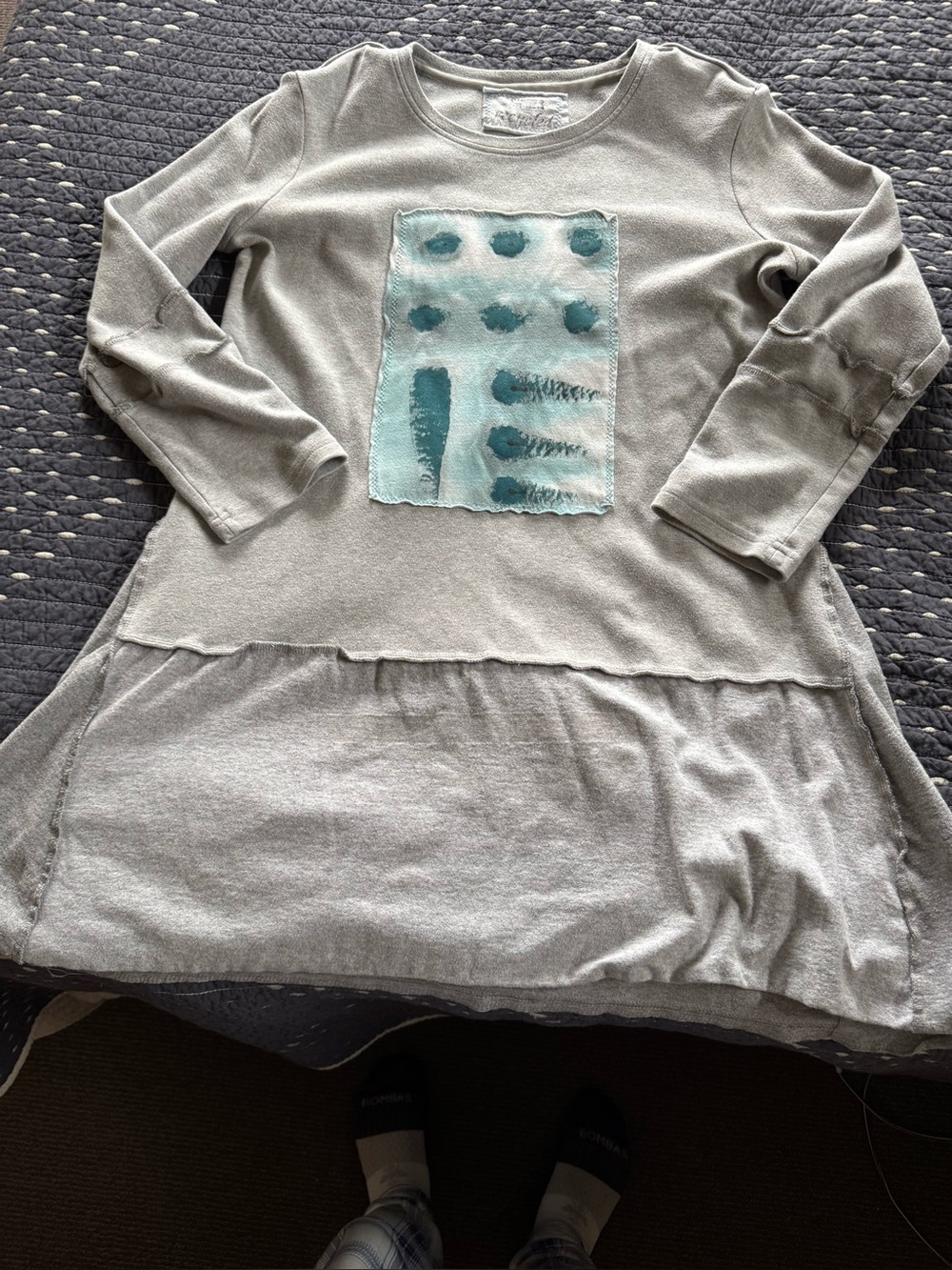 Heather Gray Tunic with Teal Graphic Panel made with recycled fabric